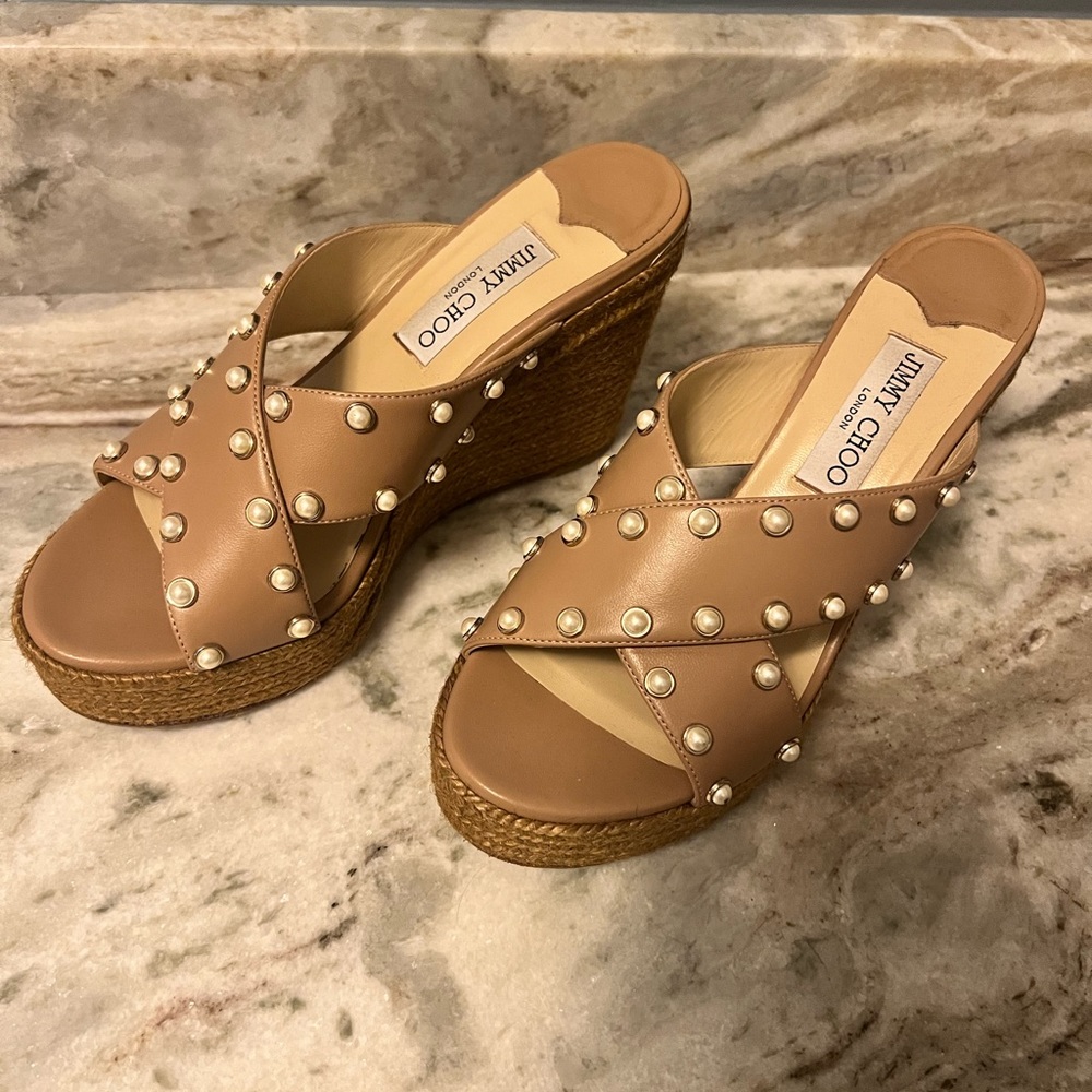 Brown Leather Jimmy Choo Wedges with Pearl Embellishment